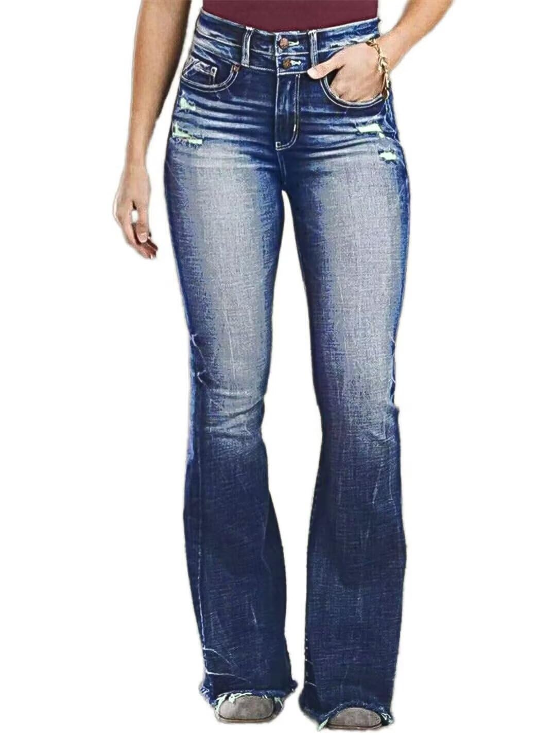 Flamingals Butt Lifting Bootcut Jeans Double Button Straight Leg Stretchy Curvy Tummy Control Trendy Denim Jeans