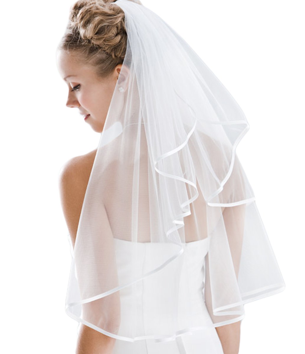 Flora Women's Ivory 1-Tier Satin Edged Plain Designer Bridal Veil,28" L Waist Length (Ivory)