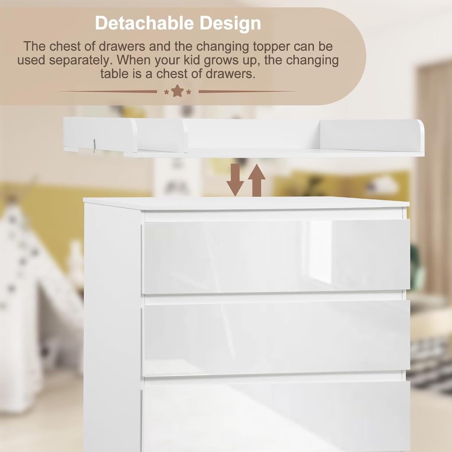 WOLTU Mueble Cambiador para Bebé, Cómoda con 3 Cajones, Cambiador Bebé 80x74,5 cm, Dividido en 2 Zonas, Cajonera de 48x80x78 cm, Blanco