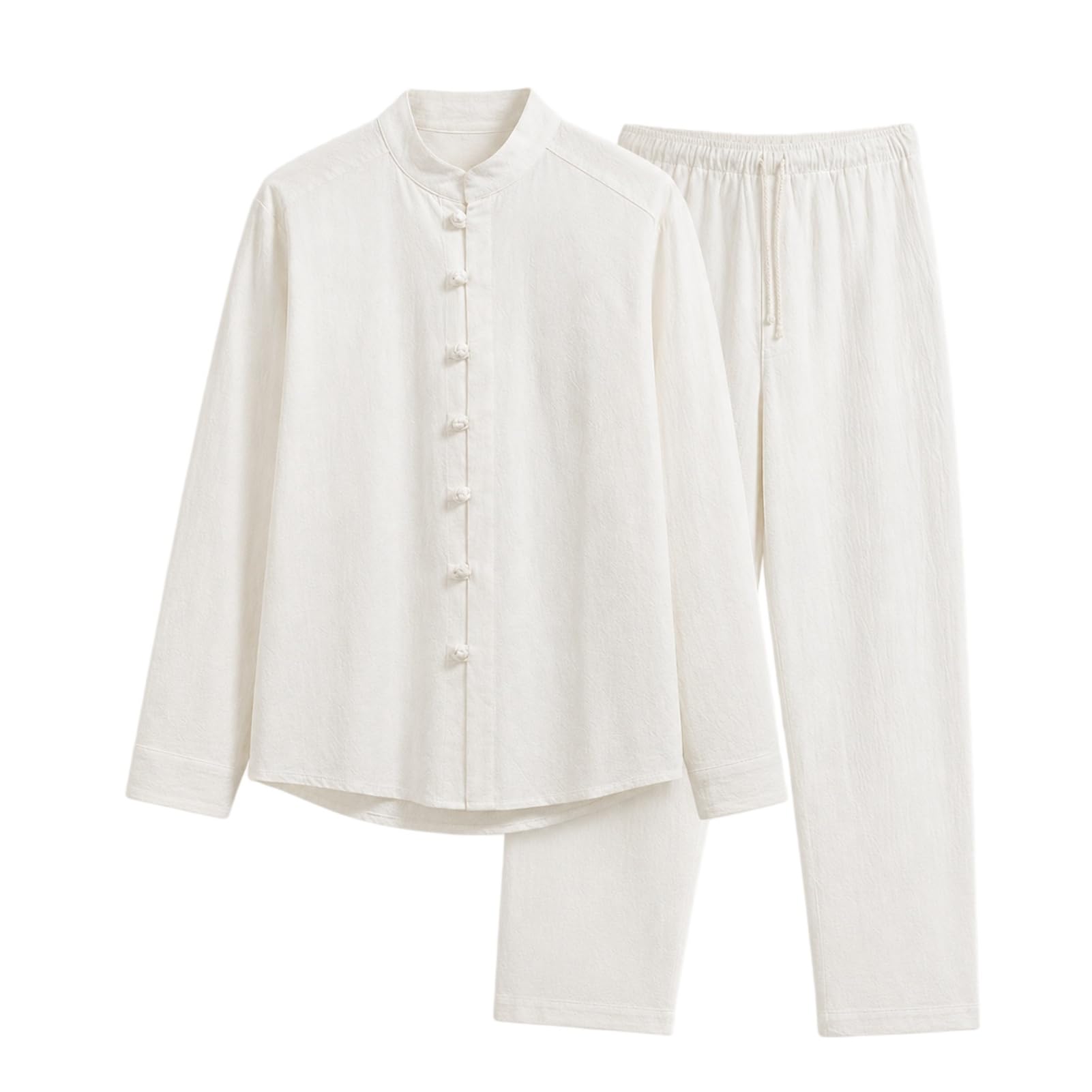 Set di 2 pezzi da uomo vintage in cotone plissettato con bottoni a rana | Ricamo sul petto, maniche lunghe, coulisse in vita, abbigliamento quotidiano primavera/autunno