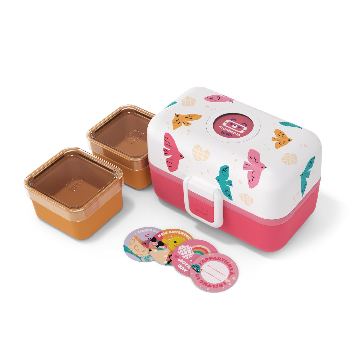 monbento - Kids Bento Lunch Box MB Tresor Pink Birds - 3 Compartment - Ideal for Travels, Picnics, Activities β Customizable Birds Lunch Box Kids - BPA Free & Sturdy β Pink