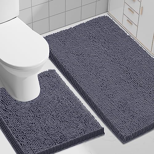 Image of Smiry Bathroom Rugs Set 2 Piece, Soft Absorbent Chenille Bath Mat and U-Shaped Toilet Rug Set, Non Slip Shaggy Bath Carpet for Tub, Shower and Floor (30x20+24x20, Charcoal Grey)