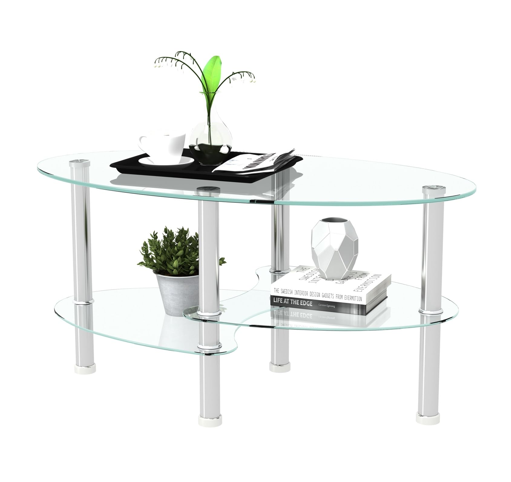 Oval Glass Coffee Table Glass Tabletop Cocktail Table with Silver Wood Legs, 3 Tier Storage Shelf Modern Tea Coffee Table Side Center Tables for