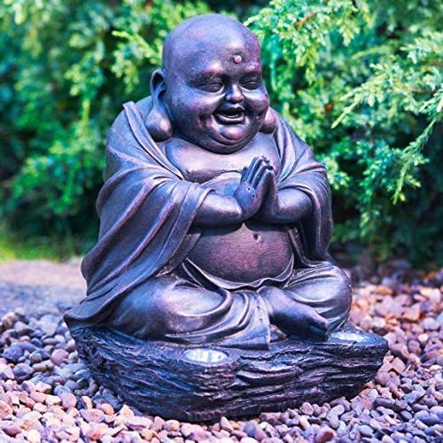 HomeDecor4uLaughing BUDDHA SOLAR POWERED With Light Up WHITE LEDs BRONZE Effect Approx 30cm