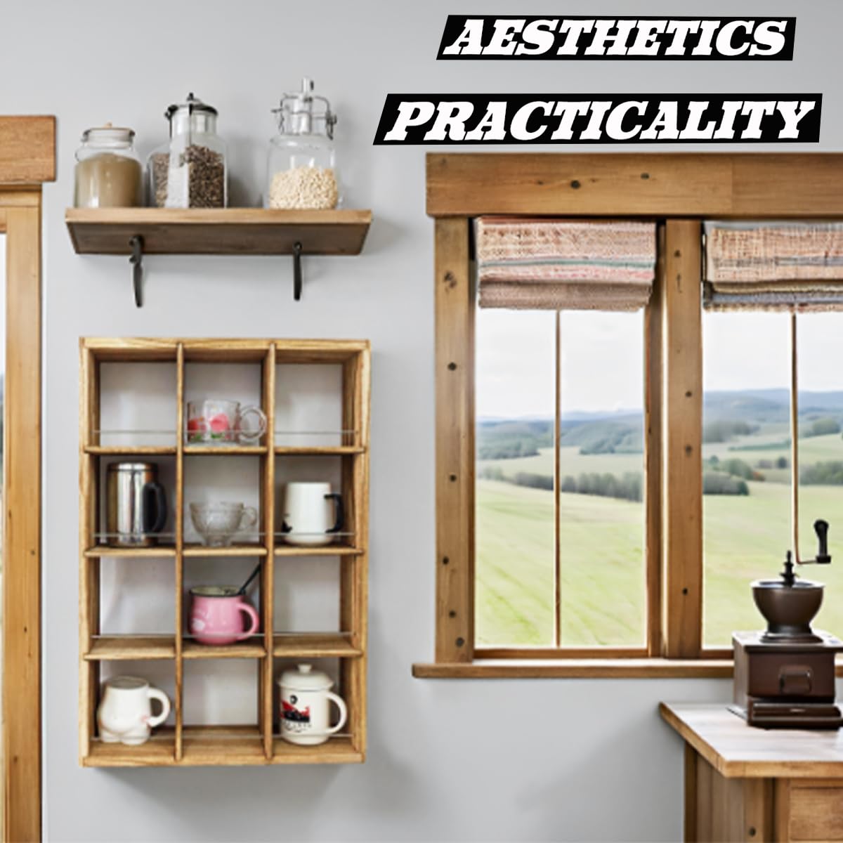 YIYUESHIJIU Wall Mounted Coffee Mug Display Rack, 17x25 Large Wooden Display Shelves Cup Holder Shadow Box Shelf Rustic Mug Rack Shot Glasses Display Case with 12 Compartment (Carbon)