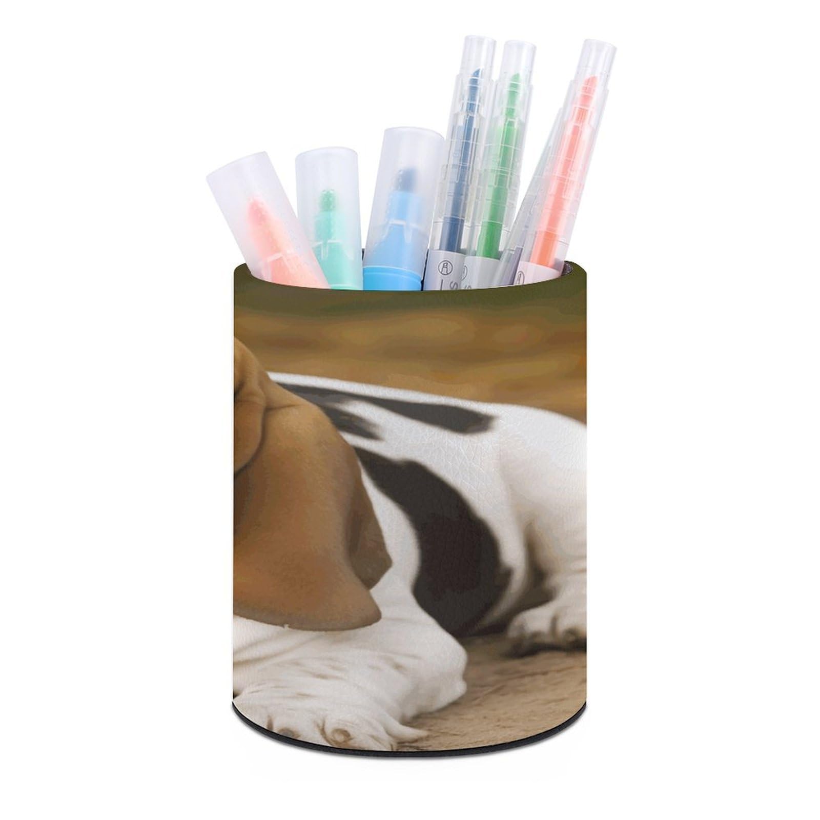 FekiLoot Round Leather Pen Holder - Multipurpose Desk Organizer, Modern Pencil Cup, Basset Hound Pencil Holder, Unique Makeup Brush Holders for Office Home Supplies & Gifts
