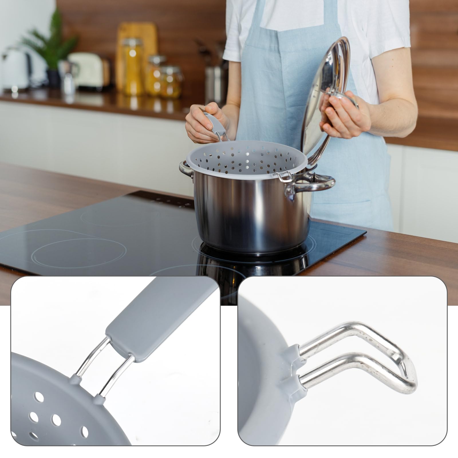 Colador plegable de 21 cm, colador de pasta con asa, colador plegable de silicona, colador multifuncional, resistente al calor, colador de alimentos, para espaguetis, pasta, verduras, frutas