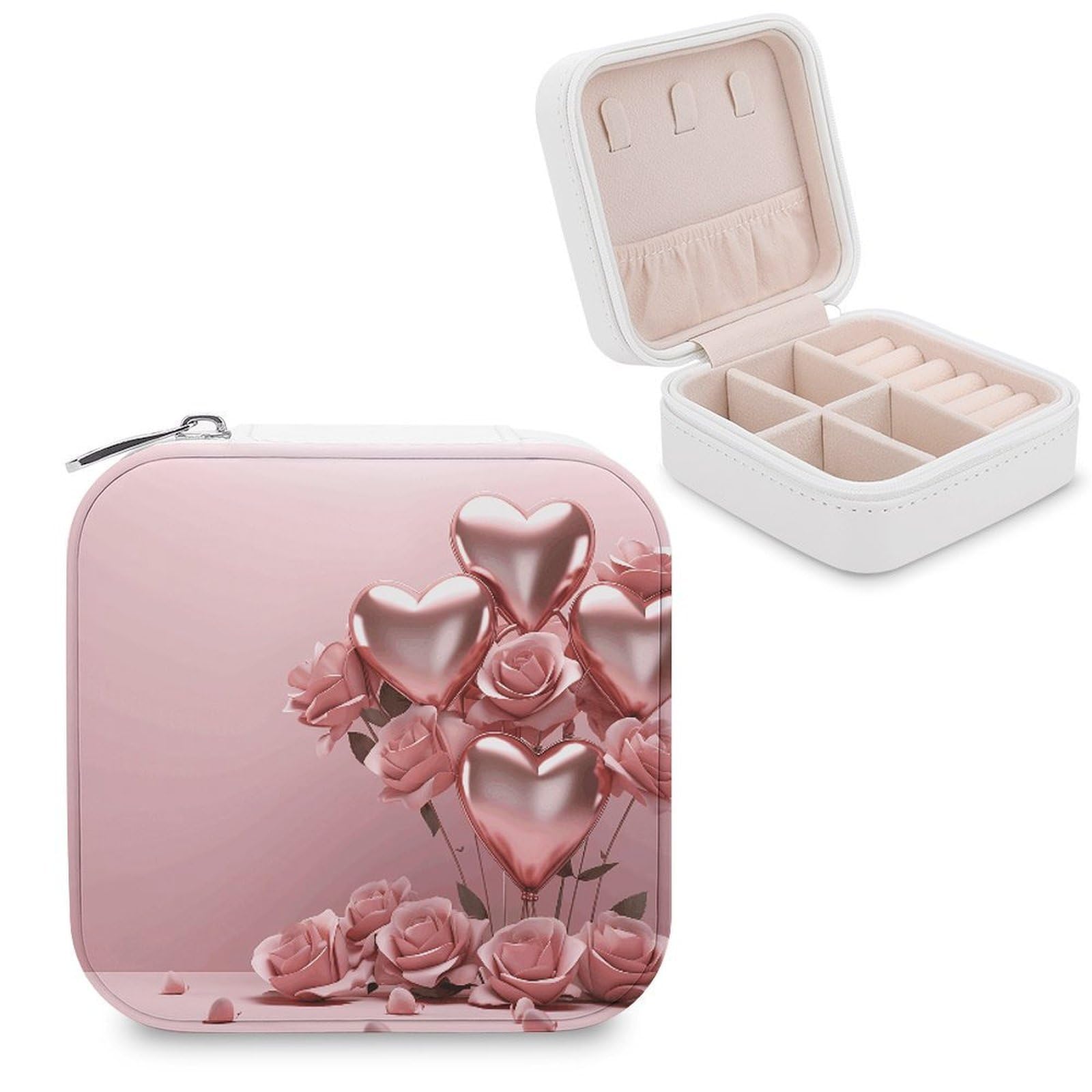 JTREHY Travel Pink Rose Balloon Heart Jewelry Case Portable Display Storage Box PU Leather Mini Jewelry Travel Case Personalized Travel Jewelry Organizer Small Jewelry Box for Women