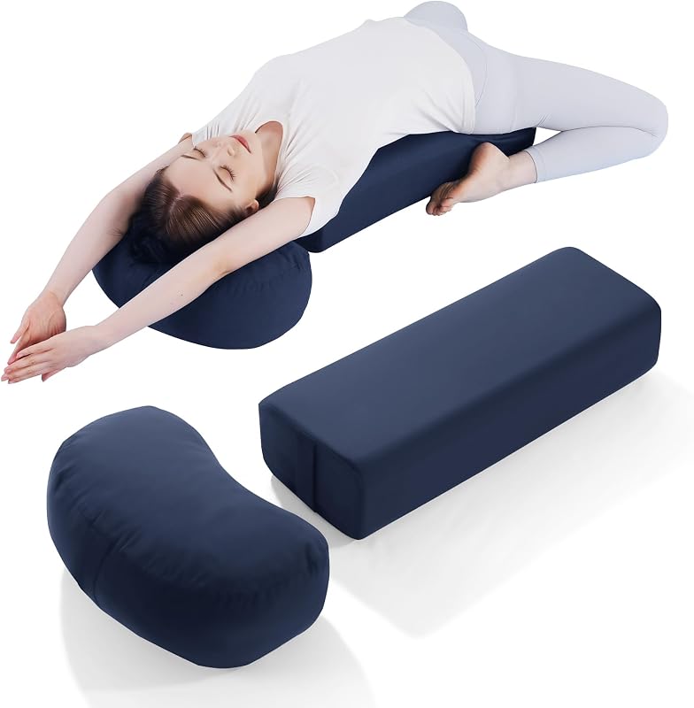 MABOZOO 2-Piece Yoga Bolster Pillow, Rectangular & Crescent Meditation Cushions with Removable Cover for Restorative Yoga, Meditation Accessories for Sitting on Floor