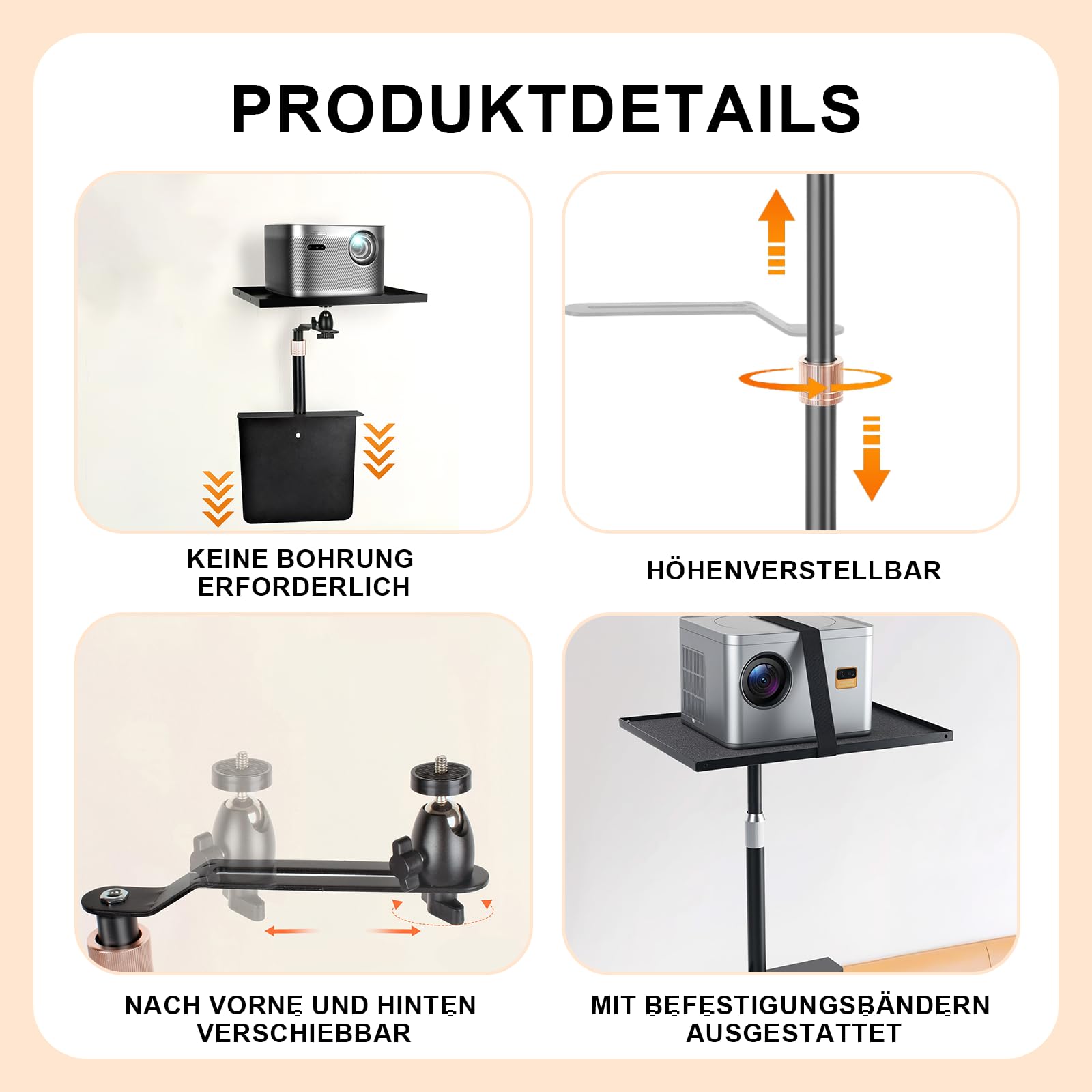 Projektorhalterung für Bett und Sofa, Verstellbare Ständerlänge 24-64 cm mit 360°Drehwinkel, Verstecktes Design Bed Sofa Beamer Halterung, Kompatibel mit 99% Projektoren, XGIMI, Nebula, VANKYO, Epson