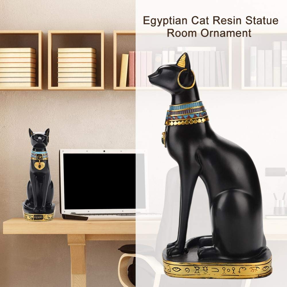 Estatua de gato egipcio Estatua de resina de oro negro, escultura de la diosa Bastet antigua decoración egipcia, gran ornamento animal mítico para la estantería de la oficina del hogar, 13,6 pulgadas