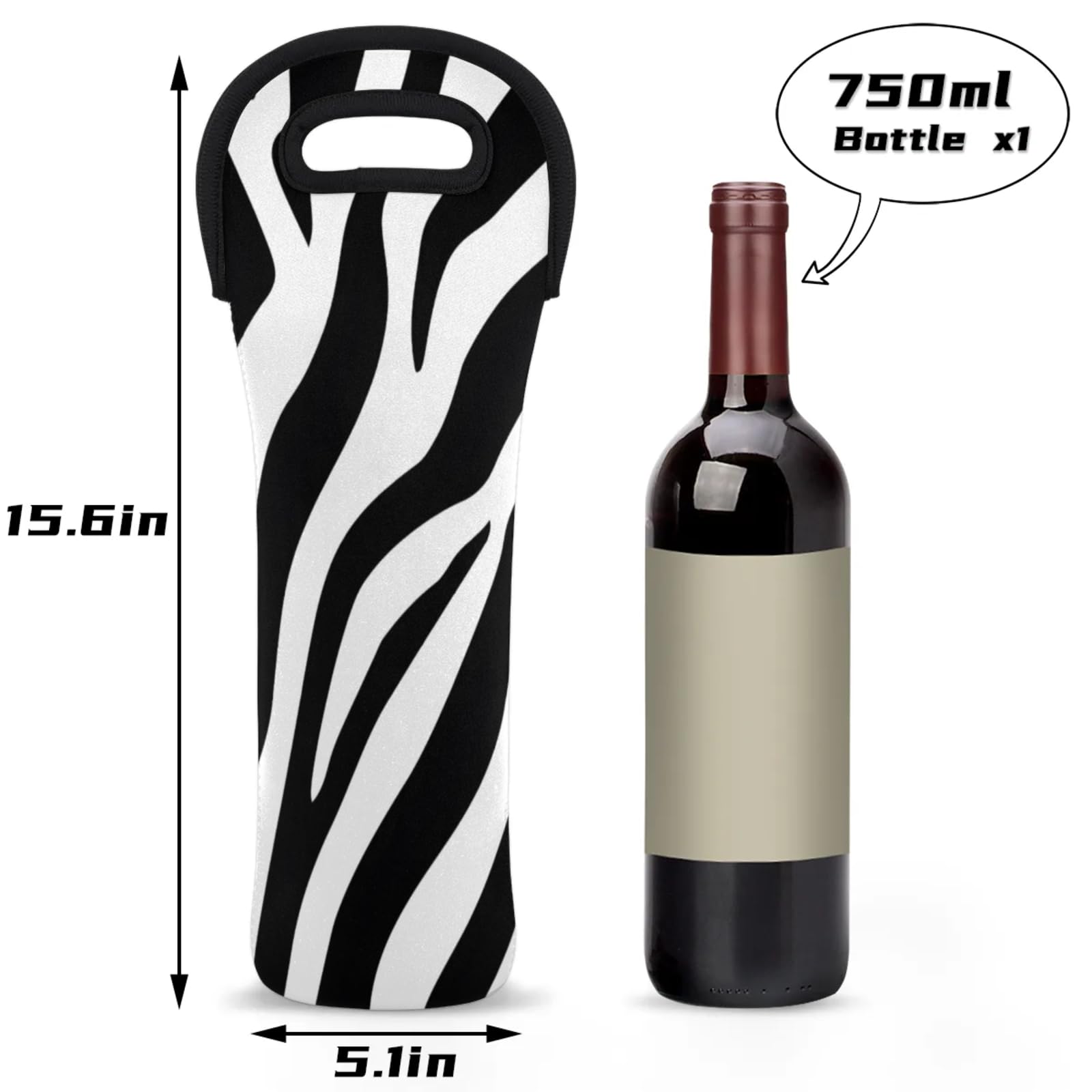 Neoprene Wine Tote Carrier Bag for Wine,Water, Champagne, Beer, Baby Bottles 15.6 x 5.1 Inches, Protective Wine Bag,Animal Zebra Texture