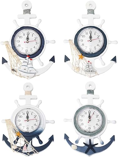 Miniatura 9 de WINOMO - Reloj de pared con ancla para barco, estilo mediterráneo, con temática náutica, reloj de pared silencioso, para colgar en la sala de estar