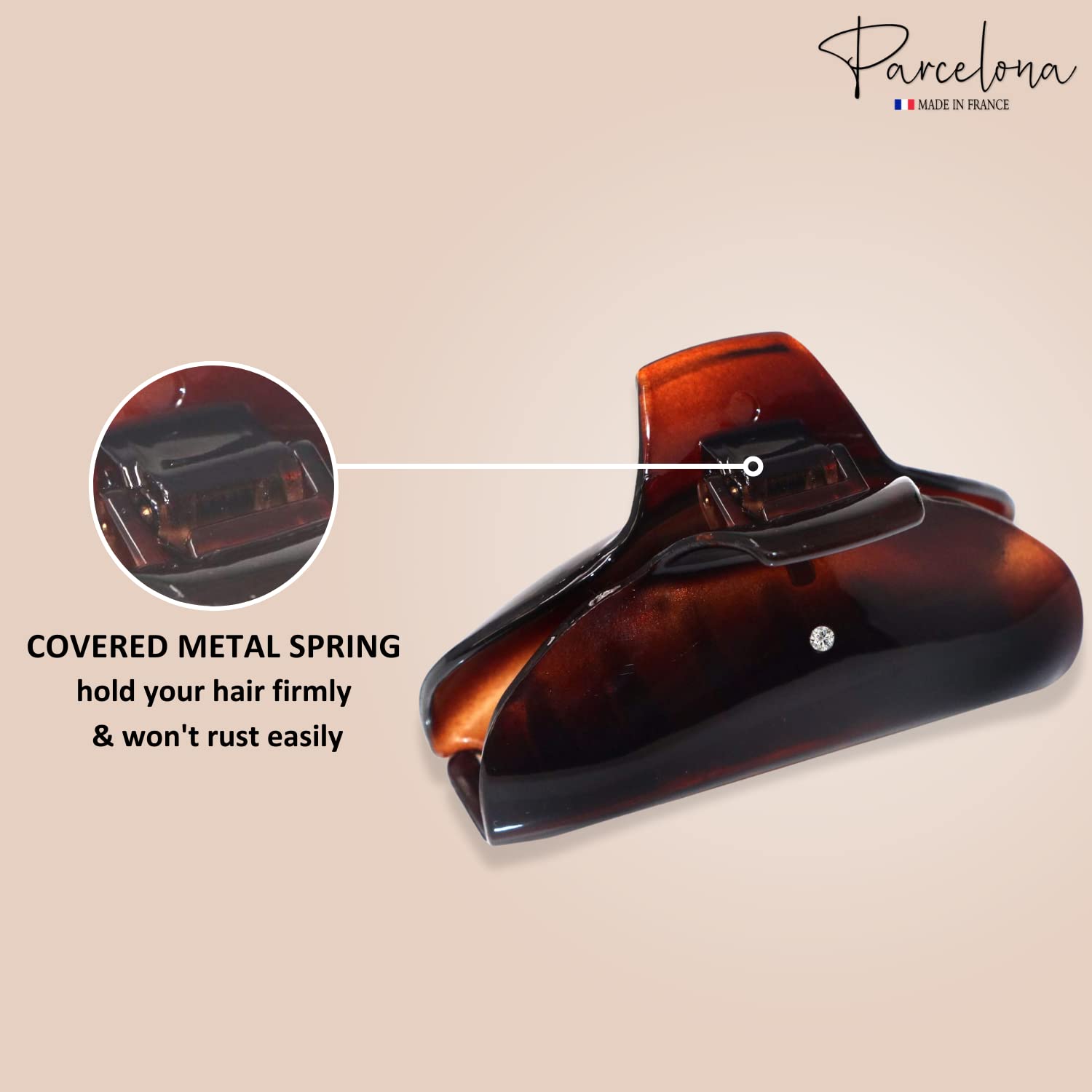 Parcelona French Elegant Medium Tortoise Shell Brown Celluloid Acetate Covered Spring Jaw Hair Claw Clip with Crystal Clutcher Clamp with Crystal for Long Fine Hair, Made in France - Image 3