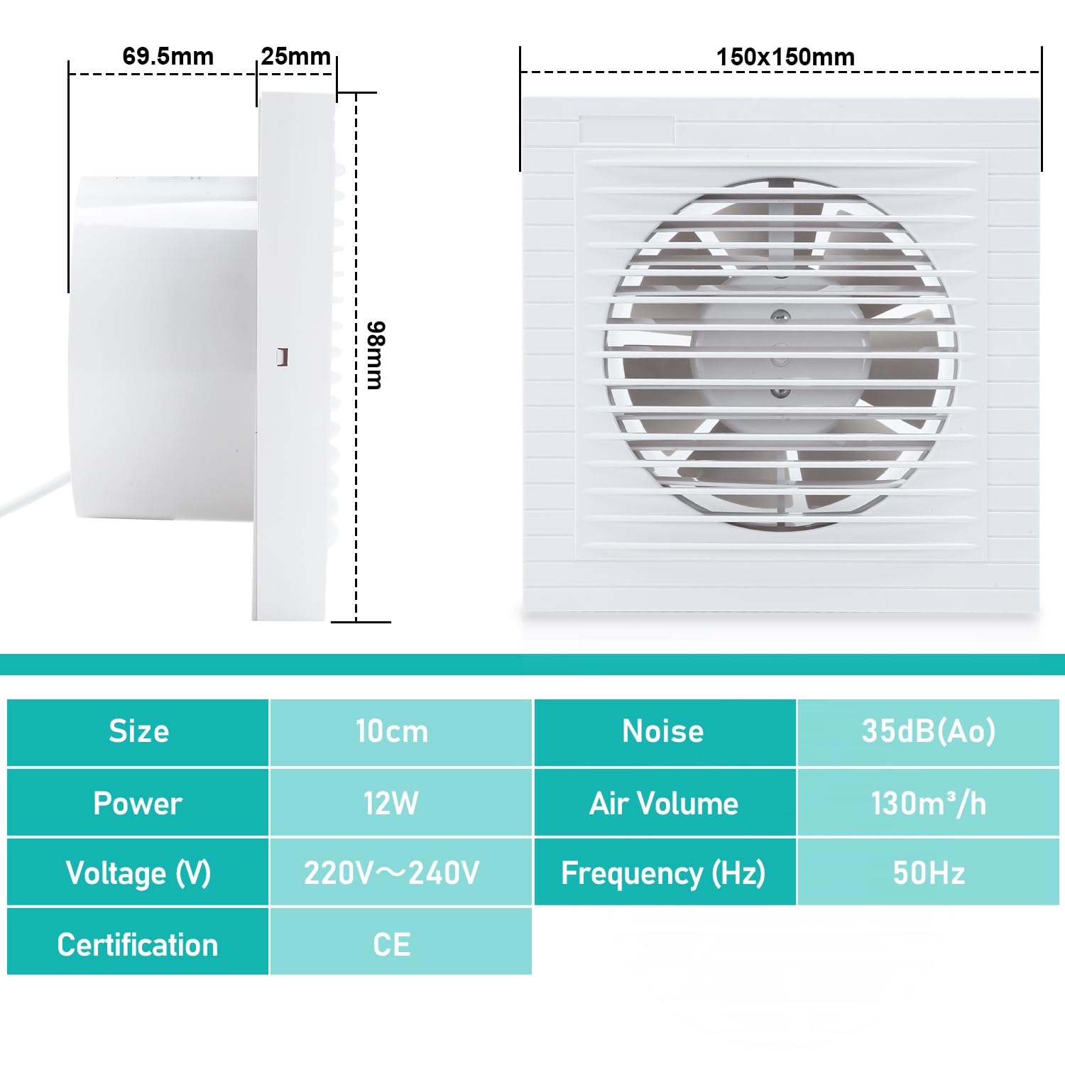 Ventilador extractor de 100 mm, para baño, 130 m³/h, 18 W, color