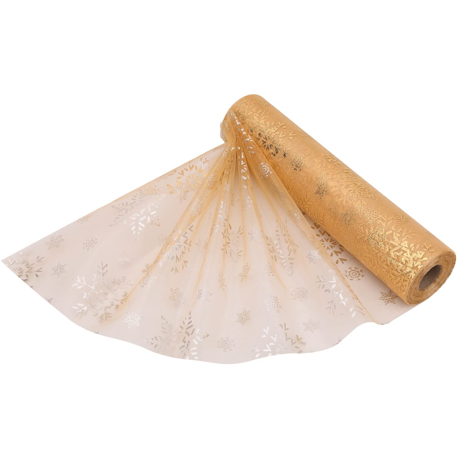 WedDecor 25m X 29cm Nieve Fino Dorado Copos de Nieve,Organza Rollo Banda Purpurina Tela para Camino Mesa Cintos Boda & Decoración Navidad,Cubierta Silla Lazos,Detalles Fiesta,Cinta Manualidades