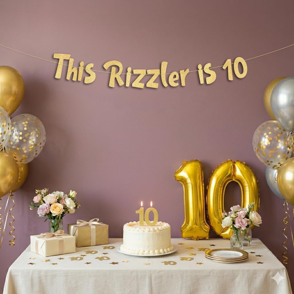Pre-Strung This Skibidi Rizzler is 10 No Cap Gold Glitter Banner - Funny 10th Birthday Decorations for Boys and Girls - Birthday Party Supplies and Gifts