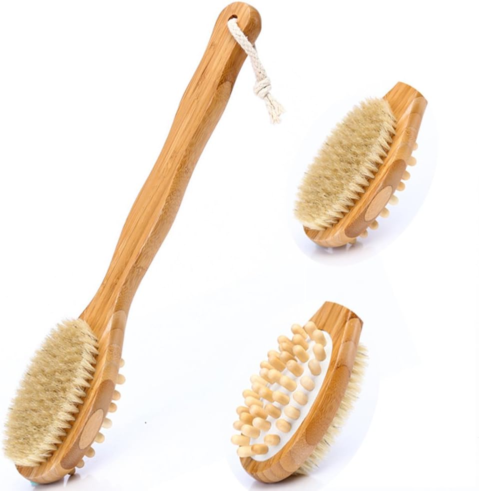 Bath Brush,Back Scrubber,Aneky Soft Natural Bristles Back Brush with Long Handle for Exfoliating Skin & Wood Beads for Massage - Use Wet or Dry -Suitable for Men and Women (brush-02)