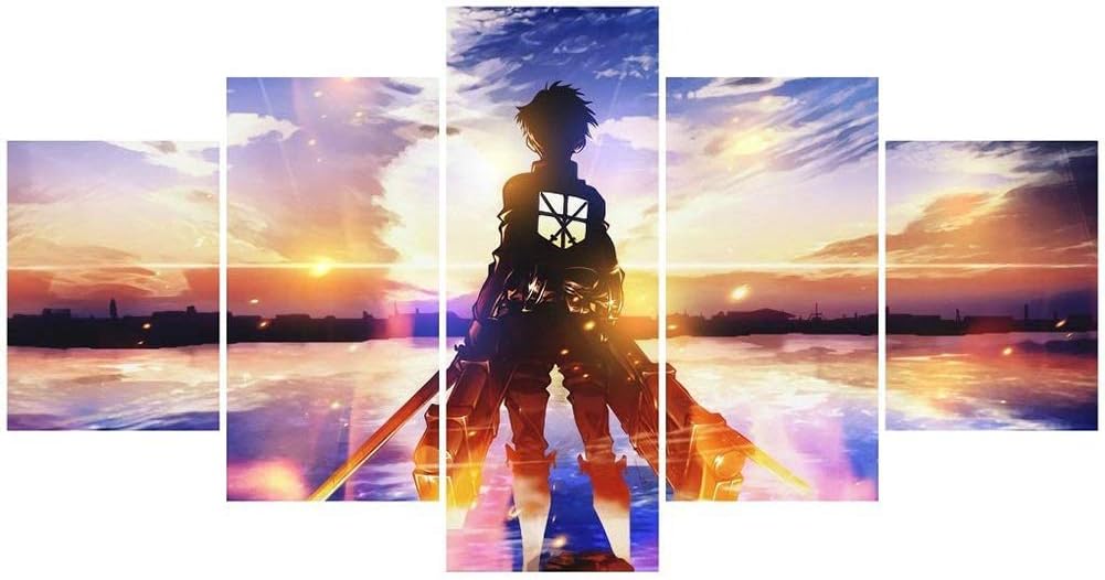 FJNS 5 Piece Anime Wall Art Attack On Titan Poster Unframed Canvas Prints for Living Room,40X60X2+40X80X2+40X100X1