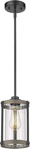 Miniatura 8 de Lámpara colgante de granja, 1 luz de cristal negro para isla de cocina, iluminación colgante rústica industrial con varilla, acabado de madera,