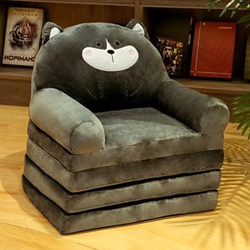 Kids Sofa Bed, Childrens Sofa, Baby Sofa, Folding, Seat Chair, Fluffy, 1 Seat, Cute, Black Husky, 4-folded
