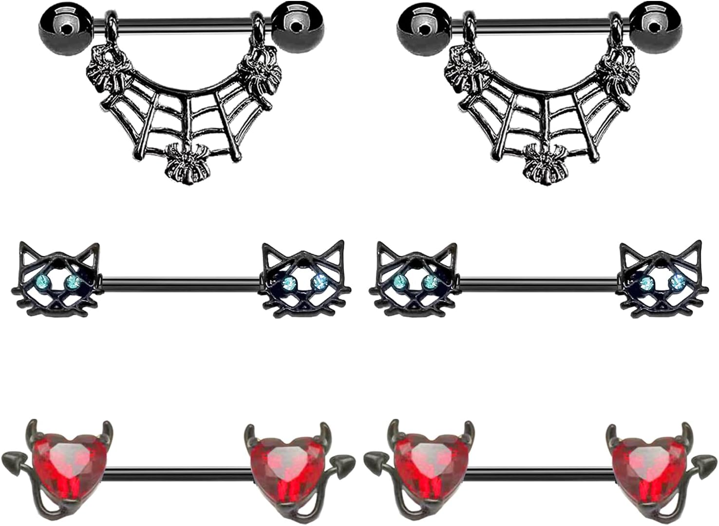 VERAMI 14G 16G Bat Devil Heart Nipple Rings Stainless Steel Heart Nipple Barbell Rings Tongue Rings Body Piercing for Women Men