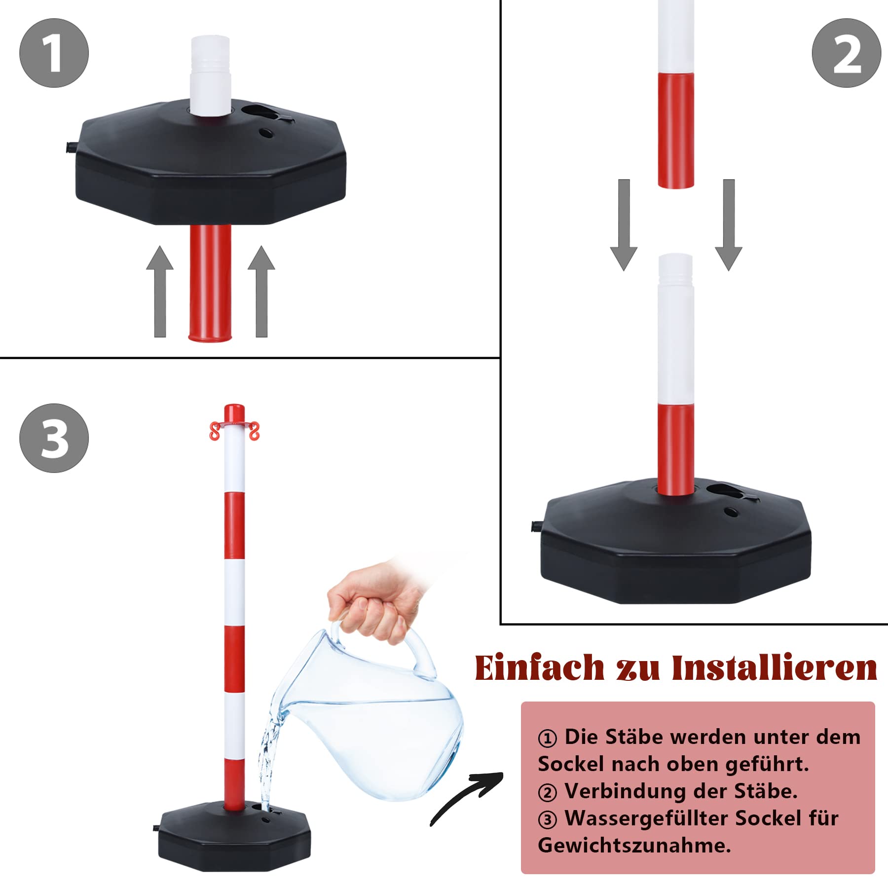 Lot de 2 poteaux de chaîne en plastique 82 x 28 x 28 cm avec chaînes 1,4 m rouge+blanc