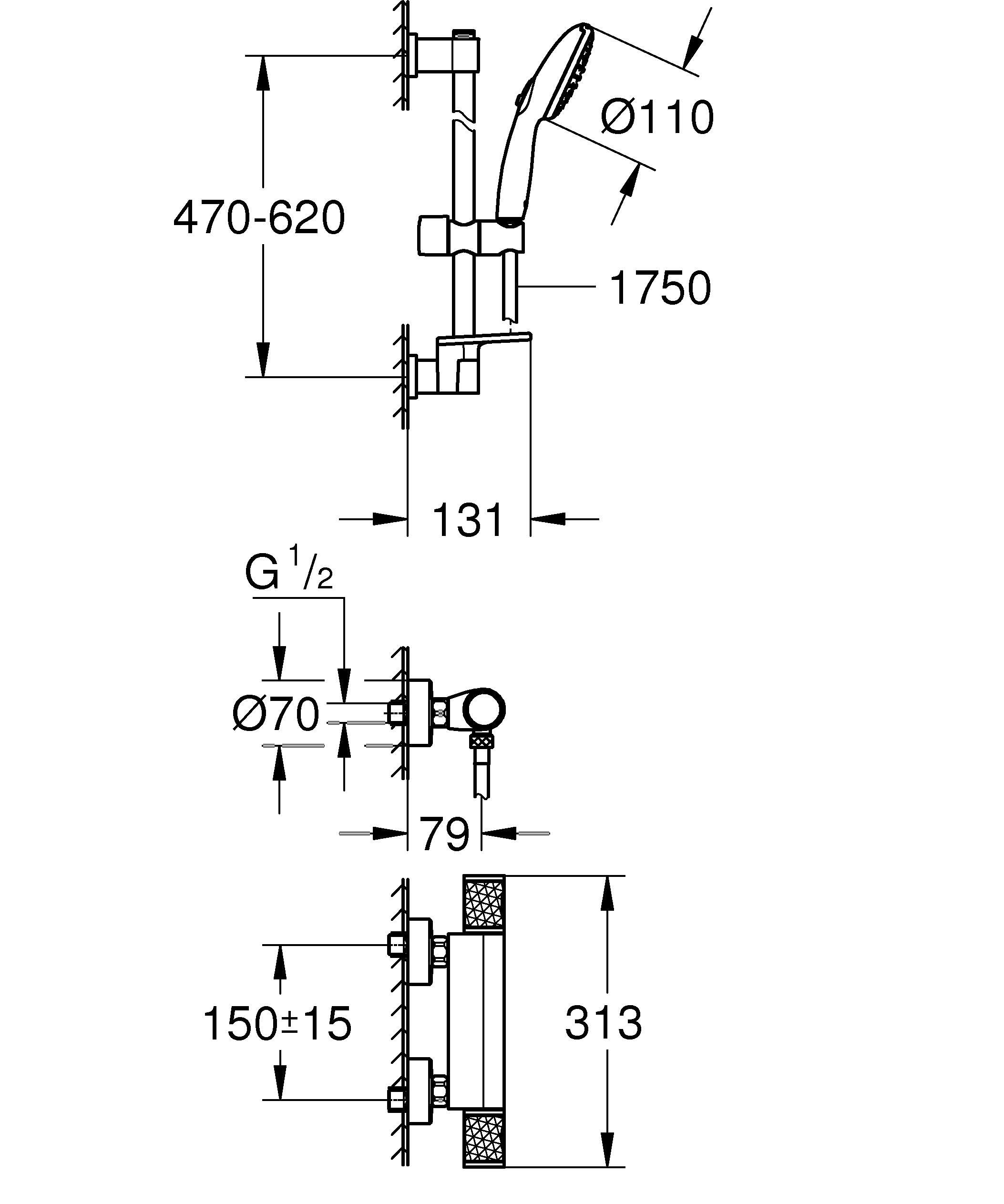 Grohe Precision Feel 34791001 zestaw prysznicowy oszczędzający wodę ~ 8 l/min (3 rodzaje strumienia, CoolTouch – bez oparzeń na termostatze, drążek prysznicowy 60 cm, w zestawie z narzędziami