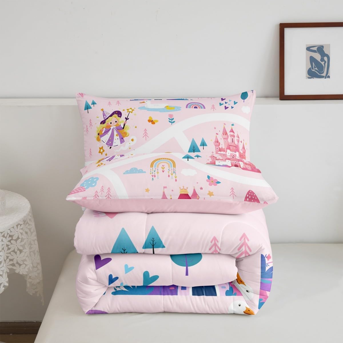 Feelyou Kids Princess Duvet Insert Full Size, Girls Dreamy Magic Castle Comforter Set Boys Girls for Cartoon Rainbow Bedding Set Fairytale Teens Bedroom Decor with 2 Pillow Case