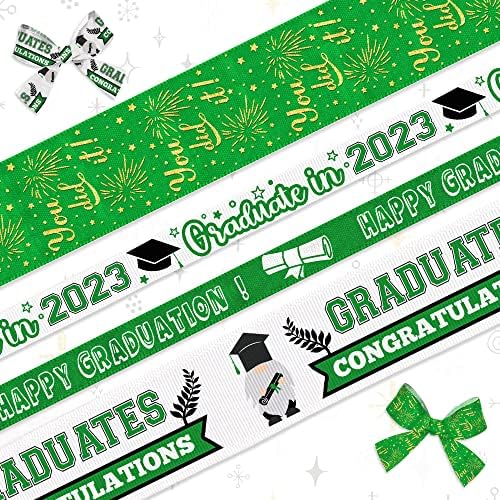 Hying 4 PCS 2023 Graduation Ribbons, 1" and 3/8" Width Graduation Grosgrain Ribbons Metallic Class of 2023 Ribbon Green Congrats Grad Craft Ribbons for Gift Wrapping Graduation Party Decor Supplies