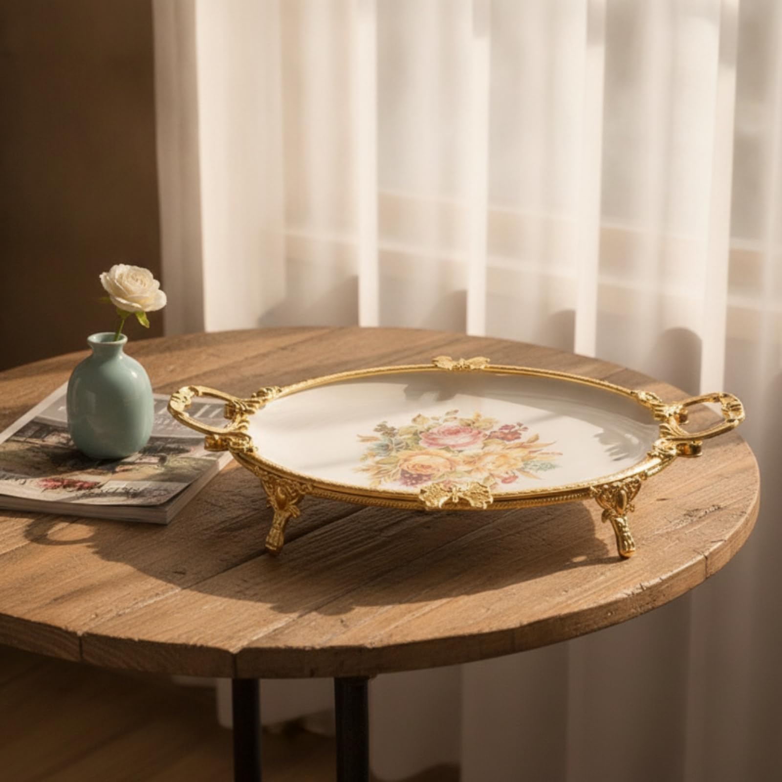 Piatto Industriale Vassoio Ceramica Vassoio Portata Vassoio Ovale Alzata Decorativa con Struttura Farfalle Maniglie, Oro, Ovale 45 Cm, Oro con Motivo Floreale Blu