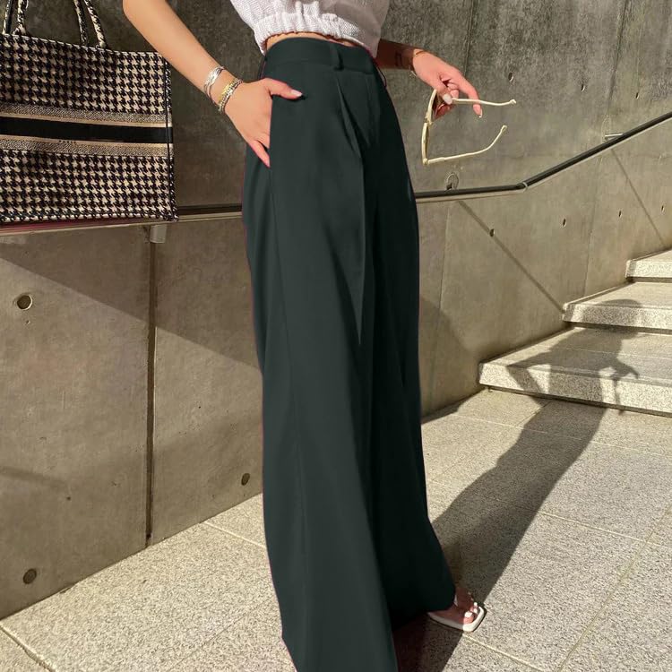 Image of Aahwan Solid Dark Green Loose Fit Wide Legs Korean Baggy High Rise Pants for Women's & Girls' with Pocket
