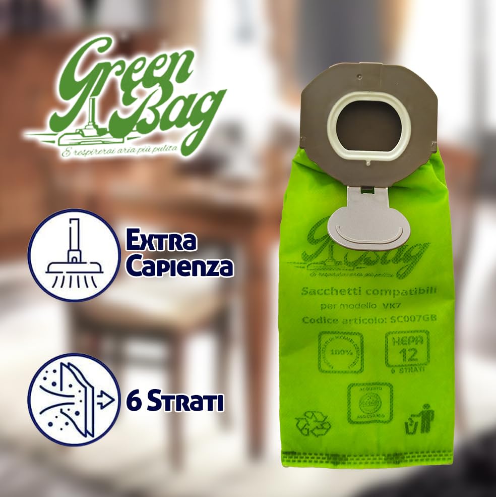 12 Sacchetti Ricambio Per Folletto VK7 E VK7s - 5 Strati Microfibra Con Carboni Attivi