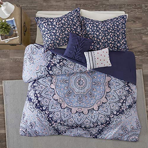 Intelligent Design Cozy Comforter Set Casual Boho Medallion Floral Design Modern All Season Bedding with Matching Sham, Decorative Pillow, Full/Queen, Odette Blue 5 Piece