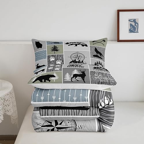 Miniatura 5 de Juego de edredón rústico de cabaña para niños, tamaño individual, juego de ropa de cama de caza de ciervos y oso para decoración de habitación de