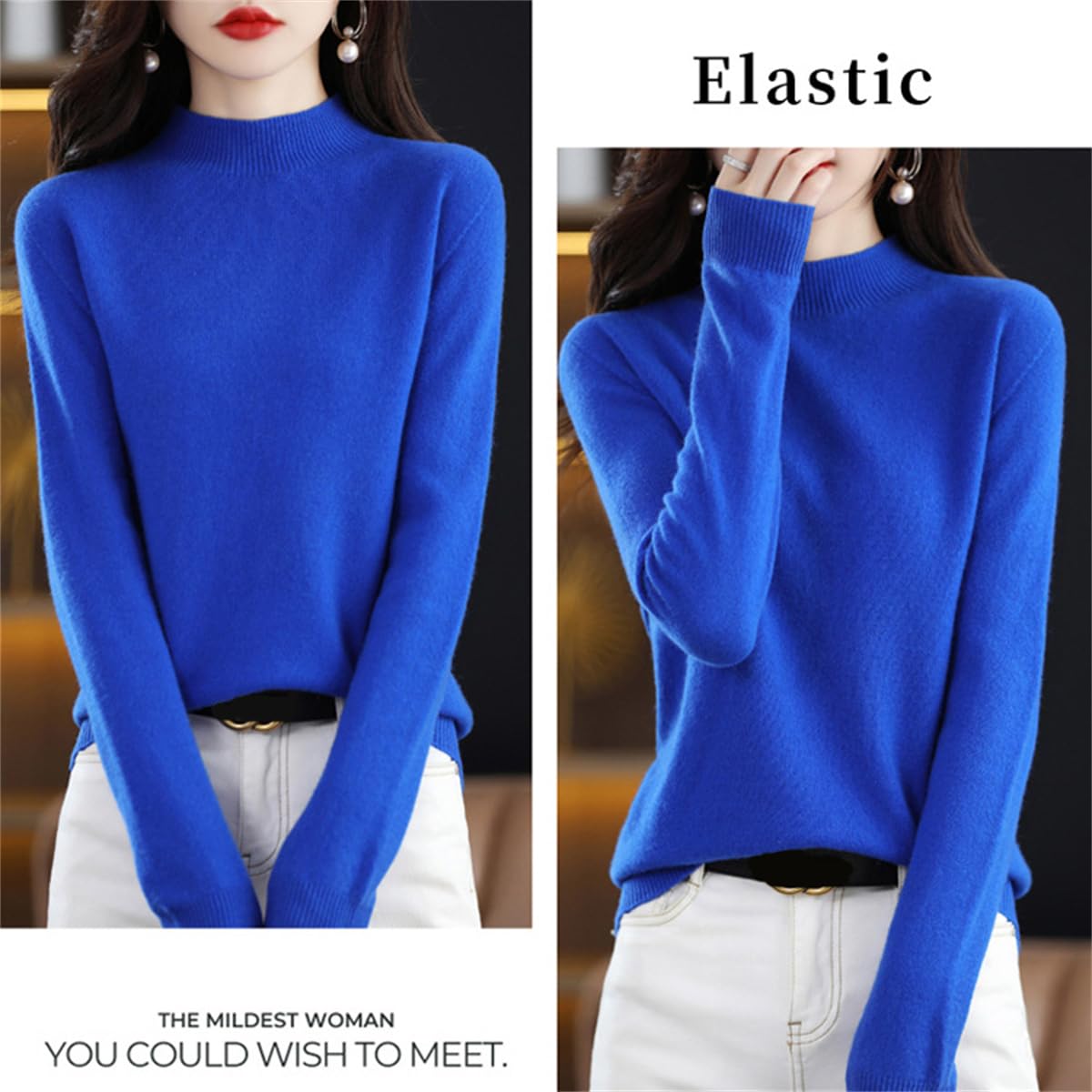 Suéteres de Cachemira para Las Mujeres, Jersey de Cachemira Suave, Cuello Redondo Jersey Caliente, Medio Cuello Alto suéteres de Manga
