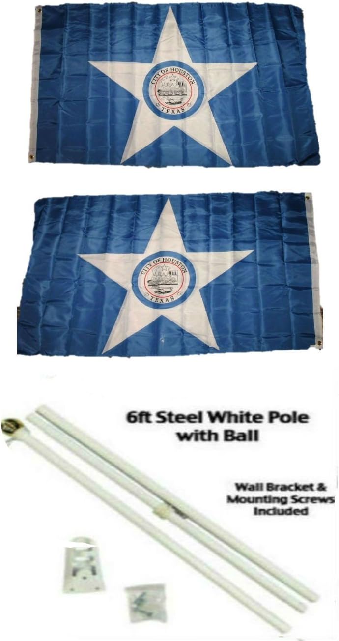 AES City of Houston 3'x5' Polyester 2 Ply Double Sided Flag with 6' White Flag Pole Kit with Ball Topper