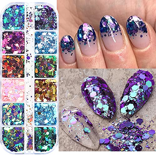 BePretty Holographic Nail Art Glitter Sequins 3D Hexagons Shaped Mirror Sequins Shiny Acrylic Nails Powder Dust Nail Decals for DIY Design Supply Glitters Flakes Nail Decals