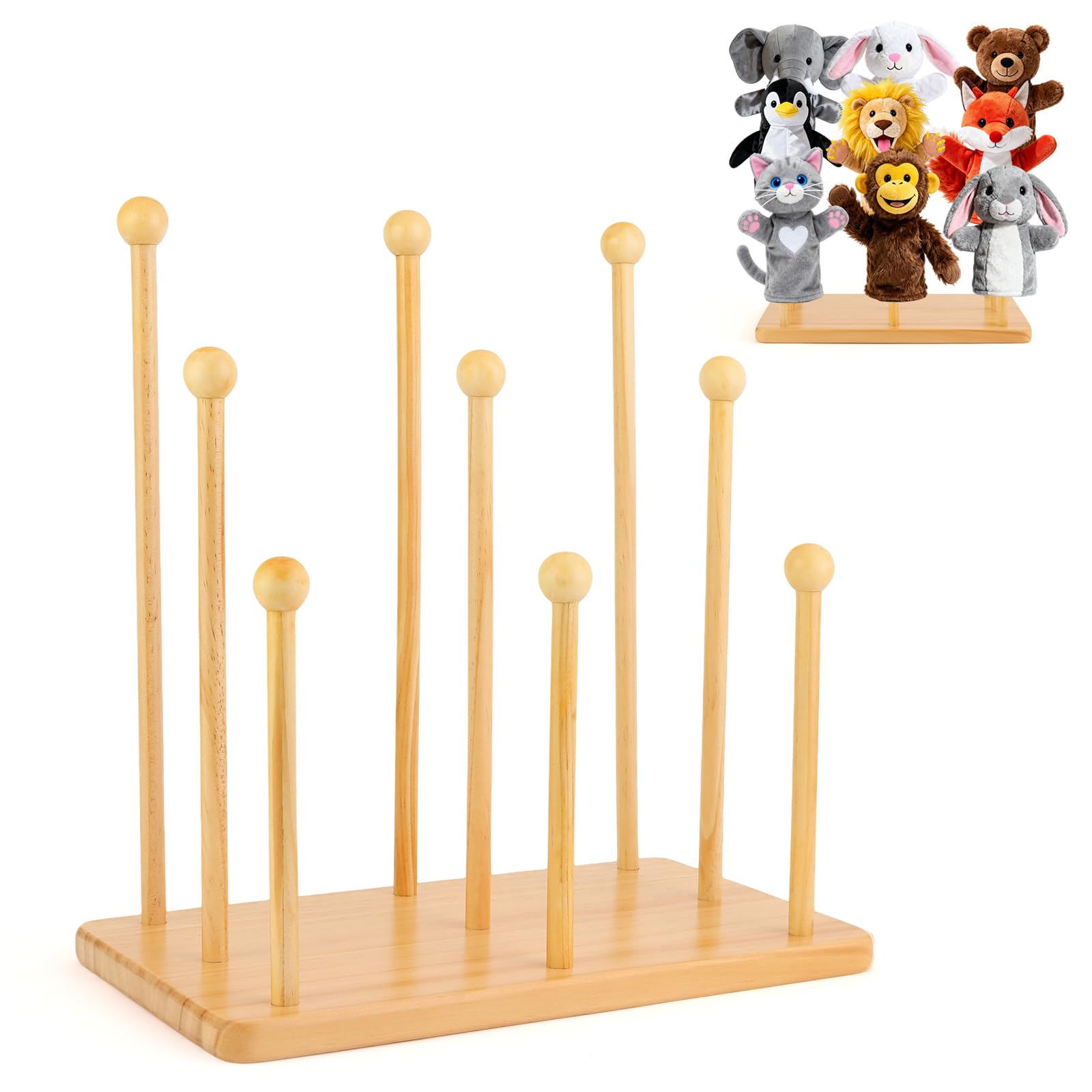 Wooden Hand Puppet Stand – 3-Tier Display & Storage Rack with Smooth Ball Ends and Screw-Fixed Base, Holds 9 Puppets for Educational Use, Classroom, Playroom & Home