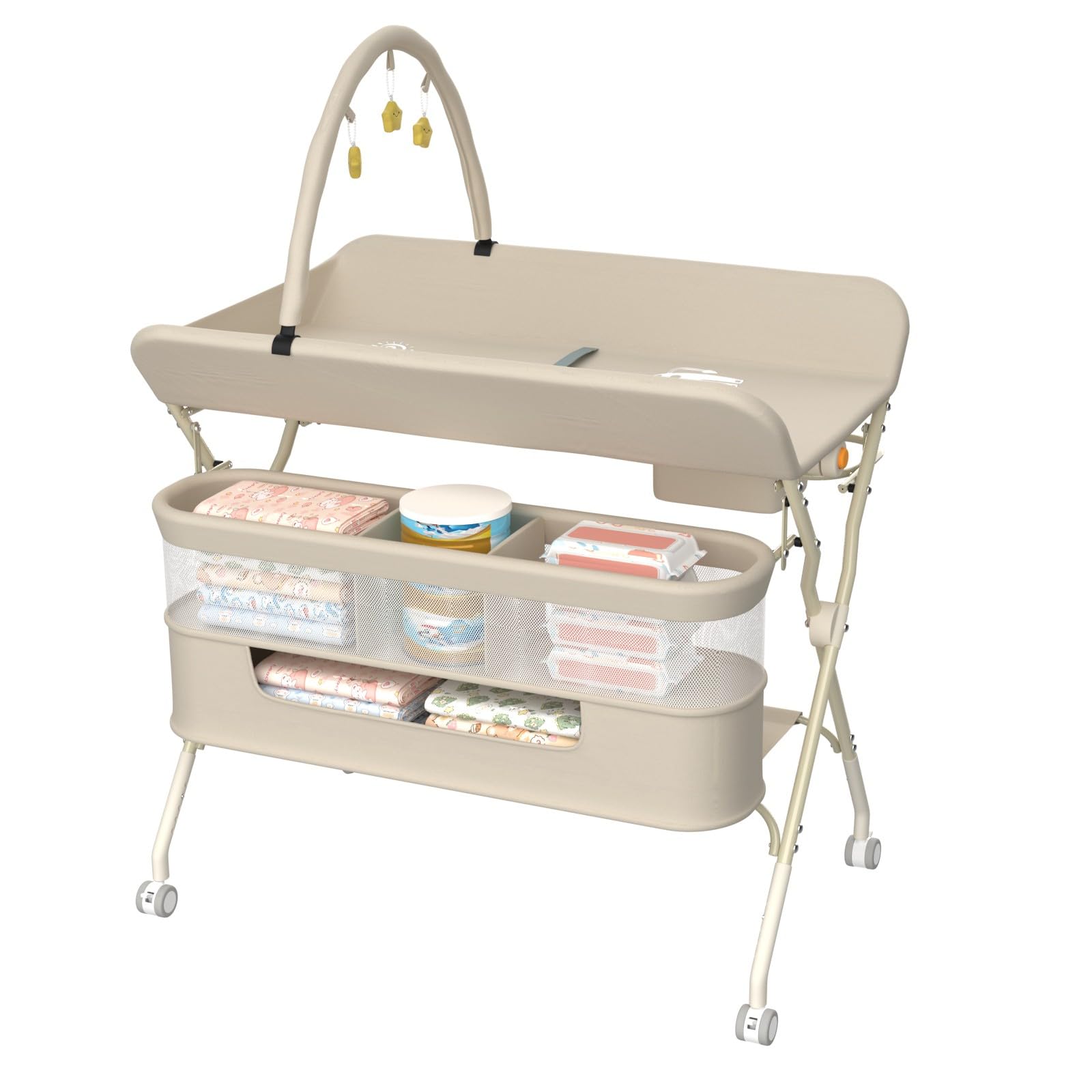 Belfoyer Baby Changing Table Foldable Changing Table with Wheels 5 Level Height Adjustable Baby Changing Station with Storage Net and Toy Arch for Nursery with Safety Belt,Creamy White — image 1