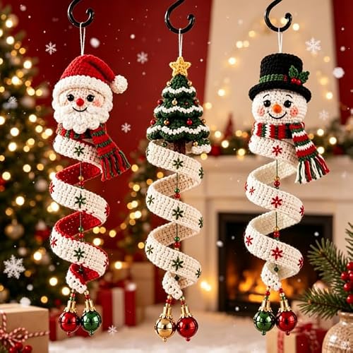 Crochet Snowman Spiral Ornament DIY Kit, Christmas Decoration Craft Set with Yarn & Crochet Hook and Instructions, Beginner-Friendly Handmade Tree Ornament for Window Porch Wall (Mix)