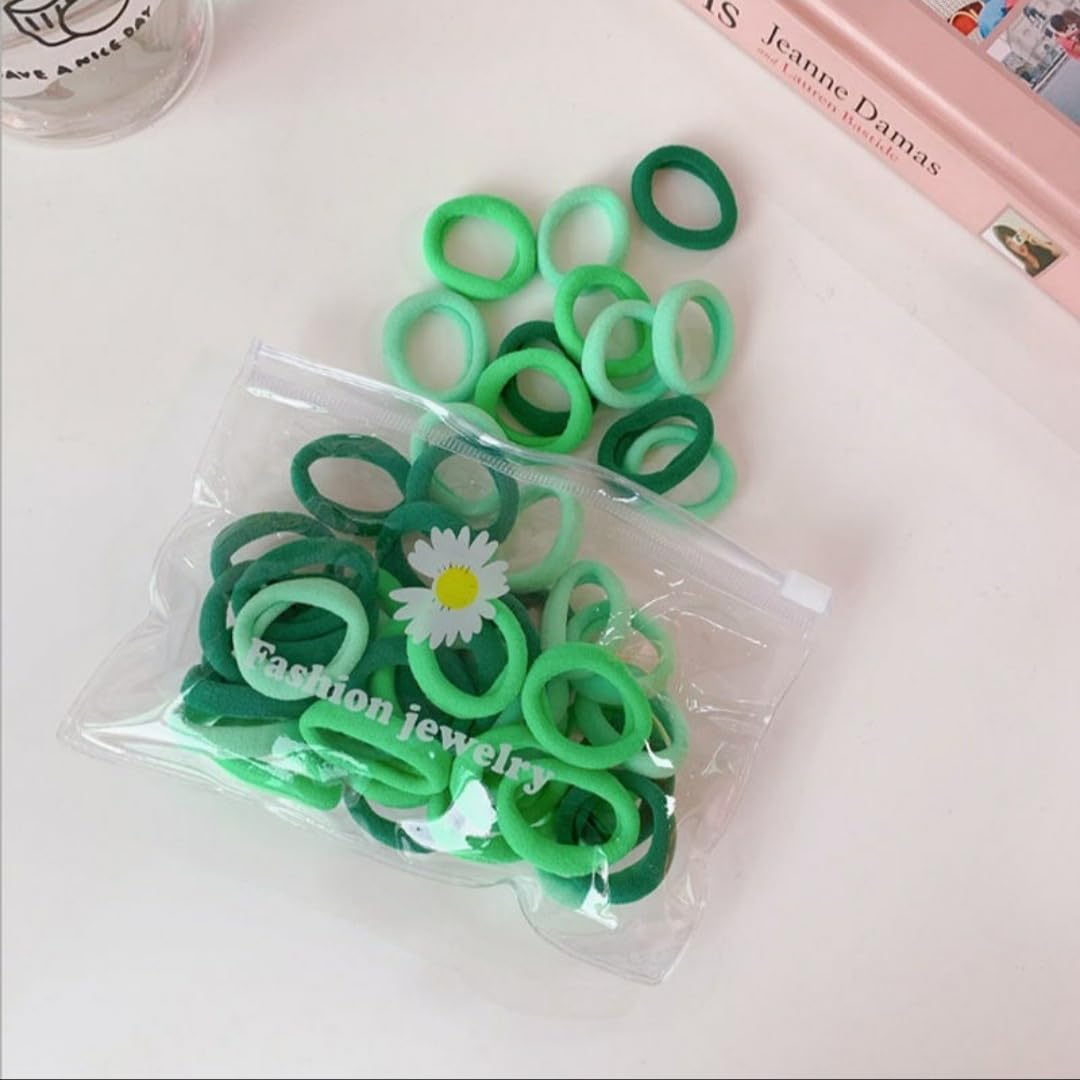 Photo 1 of Cotton Fabric Hair Bands, 50pcs DIY Elastic Ponytail Holders For Girls Seamless No Damage Hair Ties for Thin Hairs (Green)