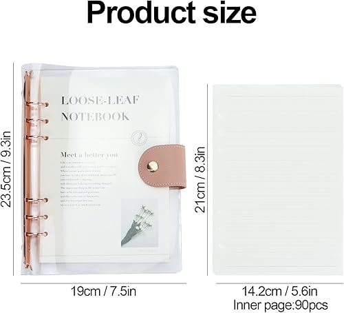 Miniatura 6 de Carpeta A5 con 6 anillas transparentes, anillo redondo de oro rosa con 90 hojas de papel interior forrado, carpeta de presupuesto A5 con cierre a