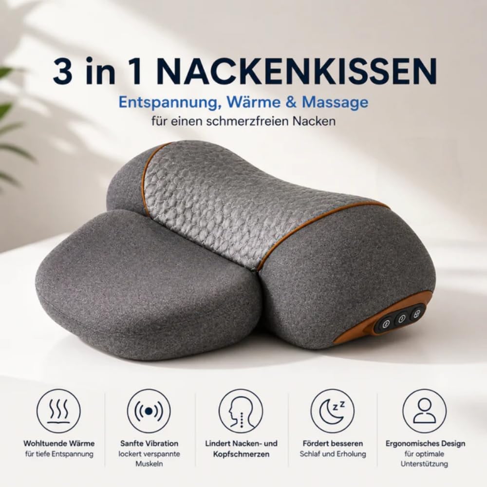 Wirbelfrei – 3 in 1 Nackenkissen mit Traktion, Wärme & Vibrationsmassage, Ergonomisches Memory Foam