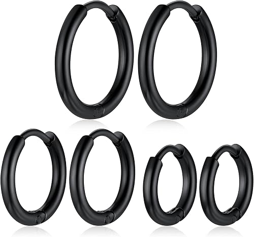 Hypoallergenic Black Hoop Earrings Set, 8mm/10mm/12mm 3 Pairs Nickel Free Huggie