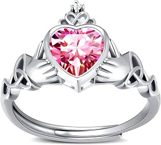 Claddagh Heart Shape Birthstone Rings - 925 Sterling Silver Adjustable Traditional Irish Wedding Ring Promise Eternity Bands, Personalized Jewelry for Women Girls (With Gift Box)