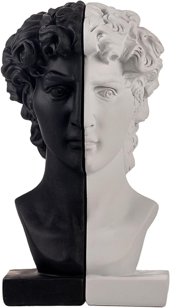 Lukitas David Head Decorative Bookends, Heavy Duty Half-and-Half Book Ends Non-Slip, Classical Artistic Sculpture for Office Home Bookshelf Decor, Black & White, Resin 9.5''