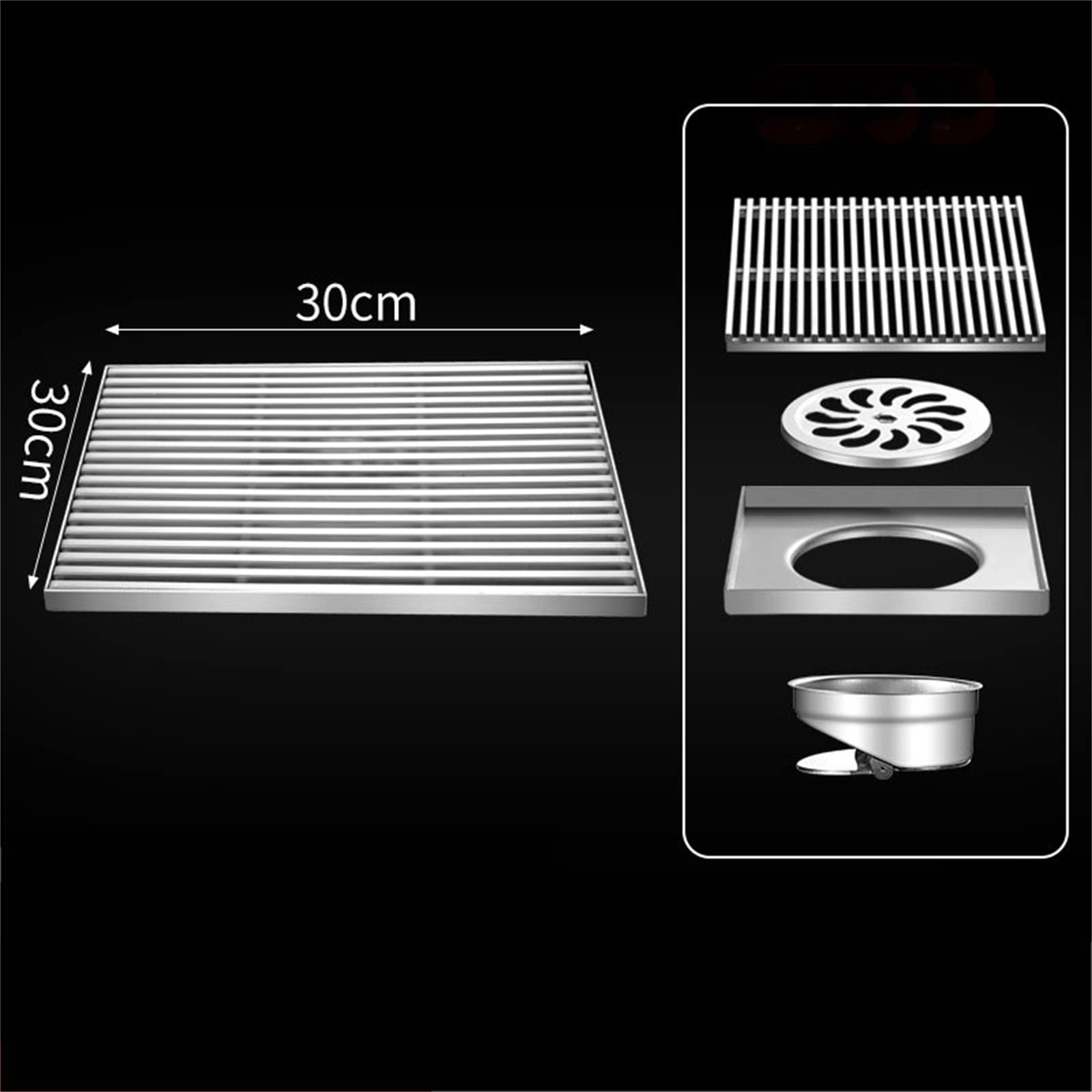 Desagüe Cuadrado de Ducha de Acero Inoxidable SUS304 Cepillado con colador para Cabello y Tapa extraíble de 30x30 cm. Escurridor de Suelo para Cocina, baño, Garaje y sótano. Acabado Plateado