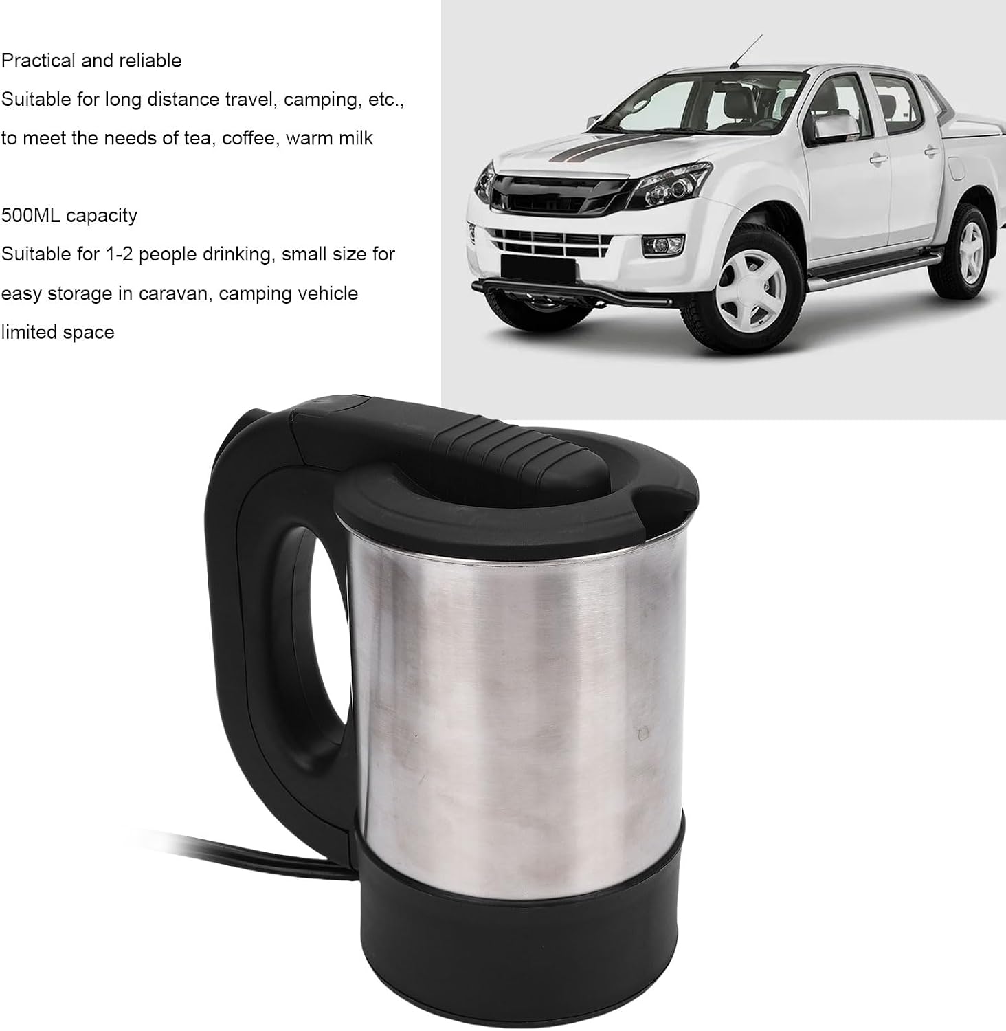 12V Car Kettle, 500ML Travel Water Heater Boiler, Stainless Steel Portable Tea Pot with Handle for Caravan Camping Vehicle, Electric Kettle with Car Cigar Lighter Plug, Overheat