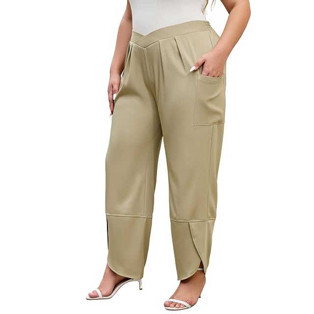 AOVDE Womens Plus Size Palazzo Pants Baggy Wide Leg Pants Elastic Crossover Waist Pleated Front Trousers with Pockets